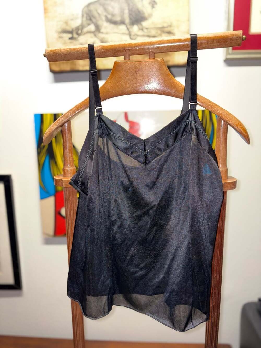 Vintage Greenco Maid Black Sheer Mesh Cami Slip Top Adjustable Straps
